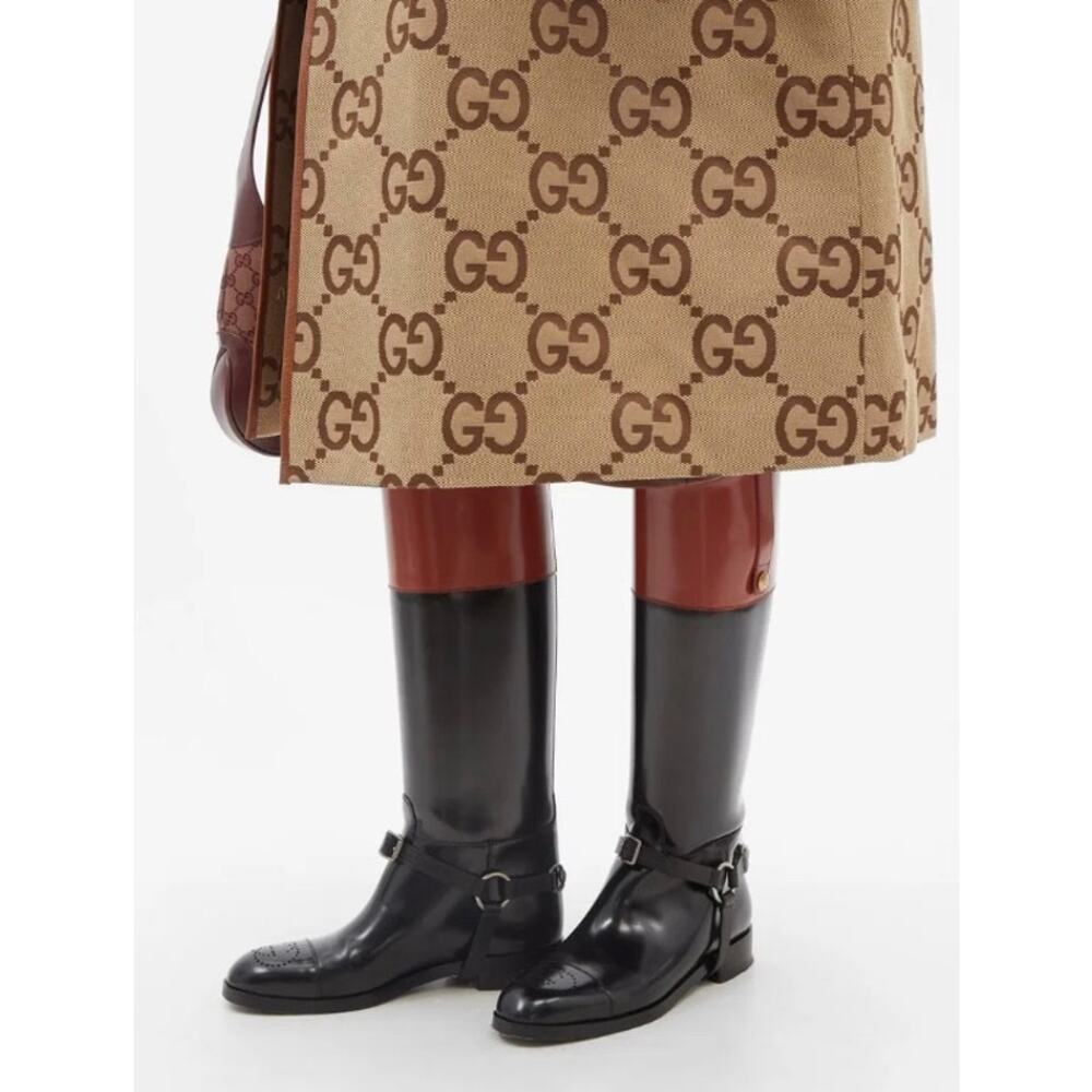 Gucci‎ Zelda Horsebit Harness Knee-High Riding Boot Black Amber Brown Leather 37